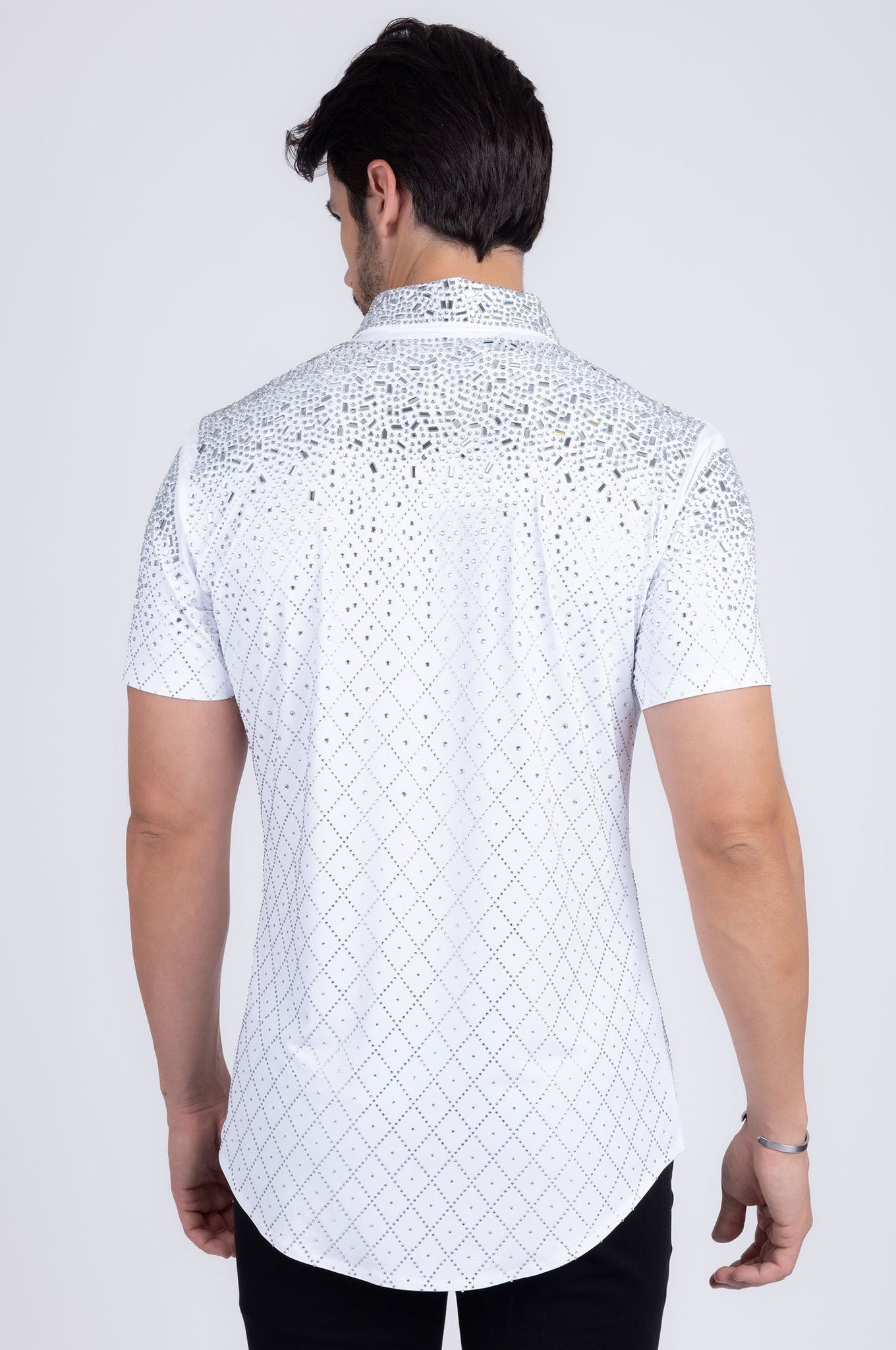 Barabas Wholesale Men's Rhinestone Geometric Stretch Short Sleeve Shirt 5SST20 White Silver