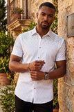 Barabas Wholesale Men's Rhinestone Geometric Stretch Short Sleeve Shirt 5SST20 White Silver