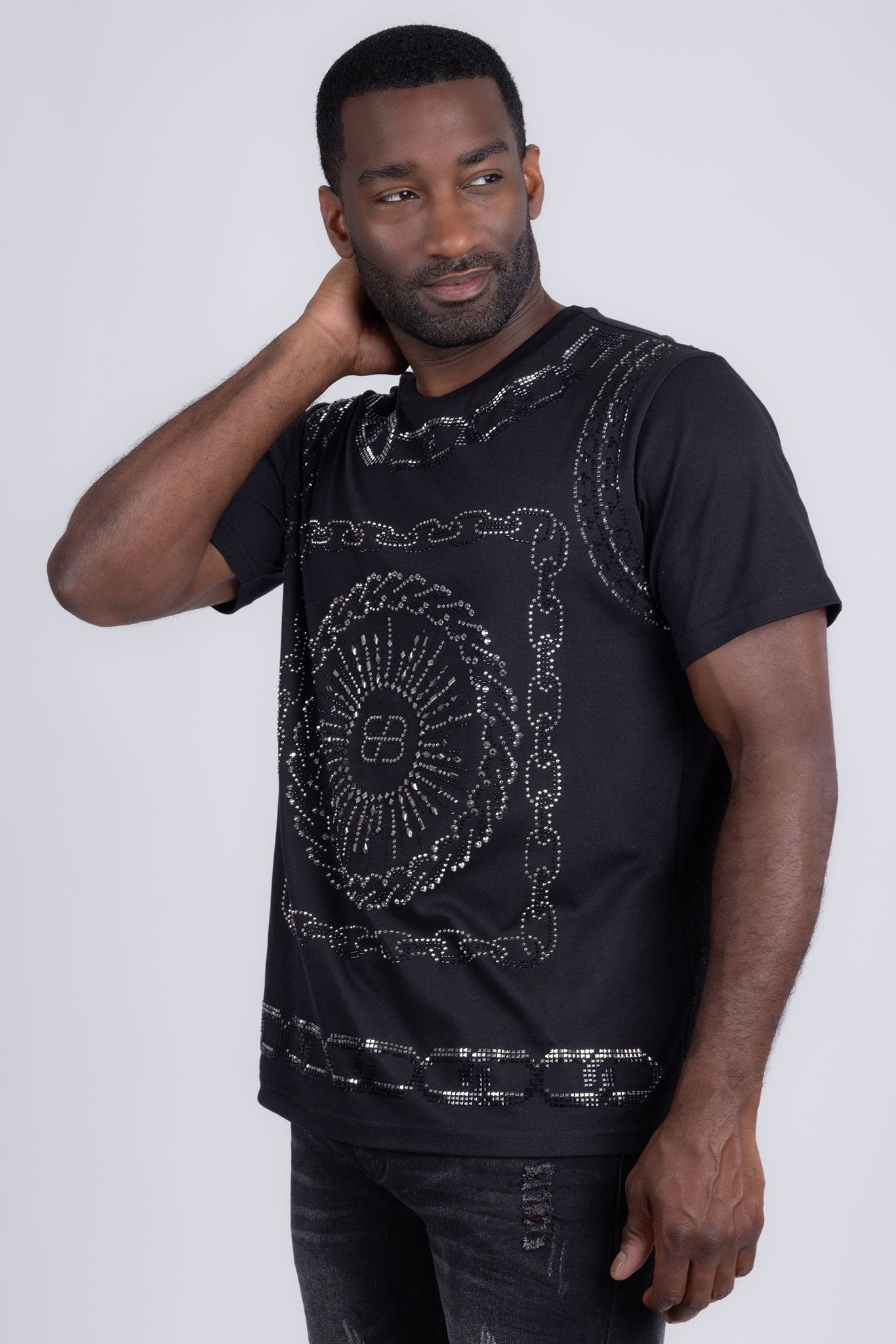 Barabas Wholesale Men's Chains Rhinestone Solid Color Crew Neck T-shirts 5STR01 Black