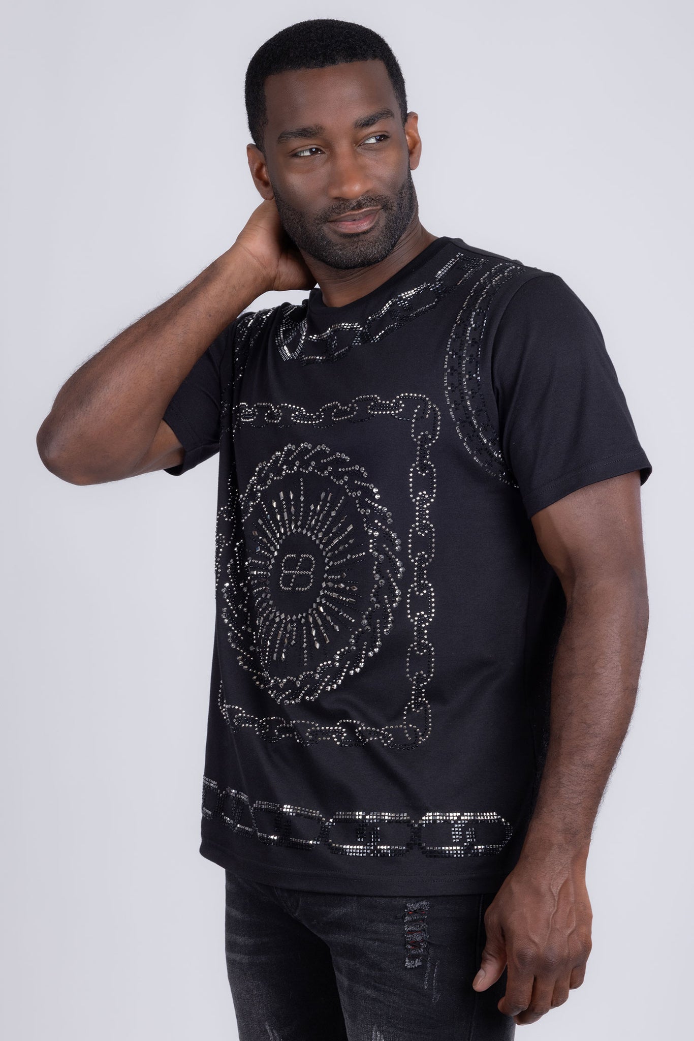 Barabas Wholesale Men's Chains Rhinestone Solid Color Crew Neck T-shirts 5STR01 Black