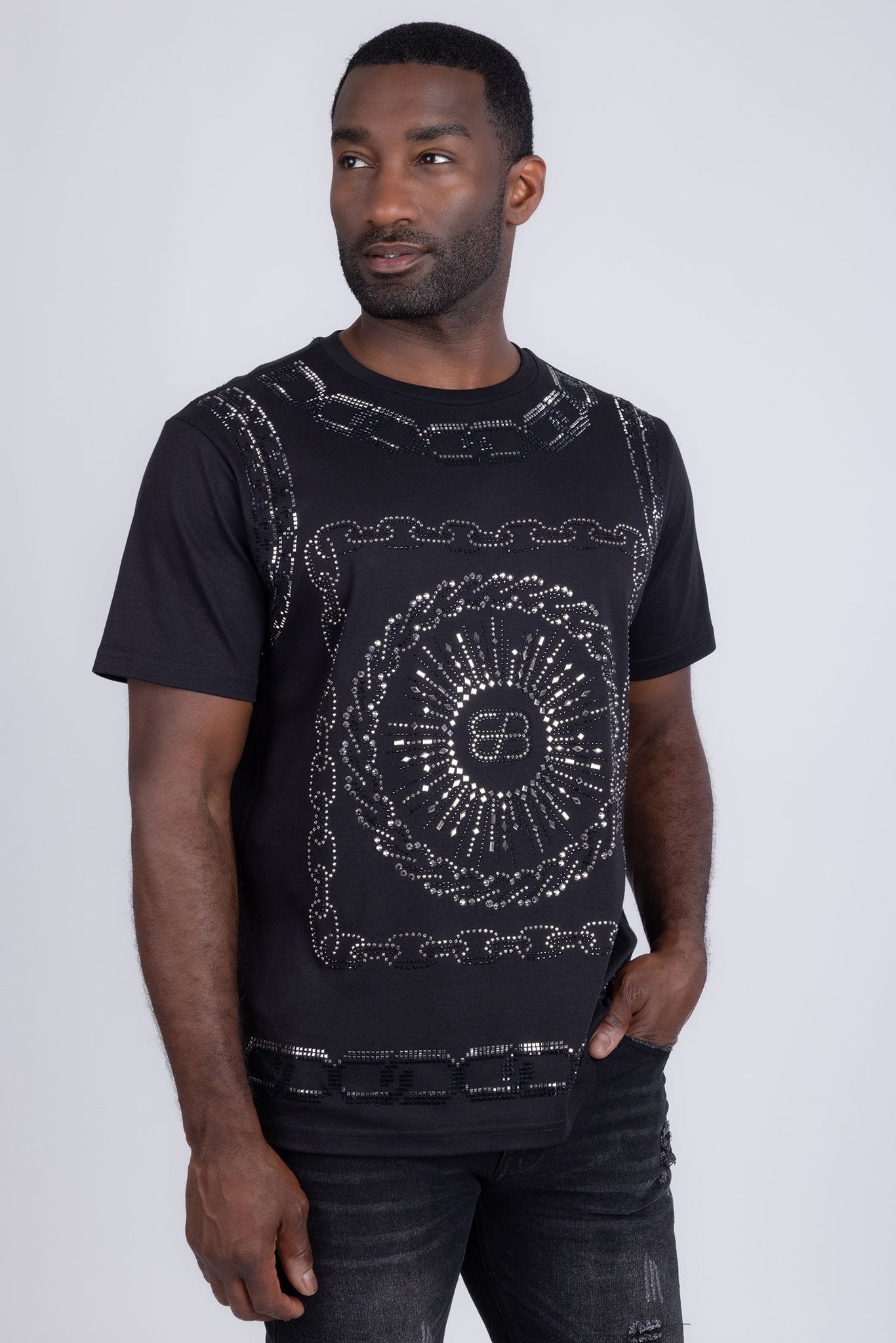Barabas Wholesale Men's Chains Rhinestone Solid Color Crew Neck T-shirts 5STR01 Black
