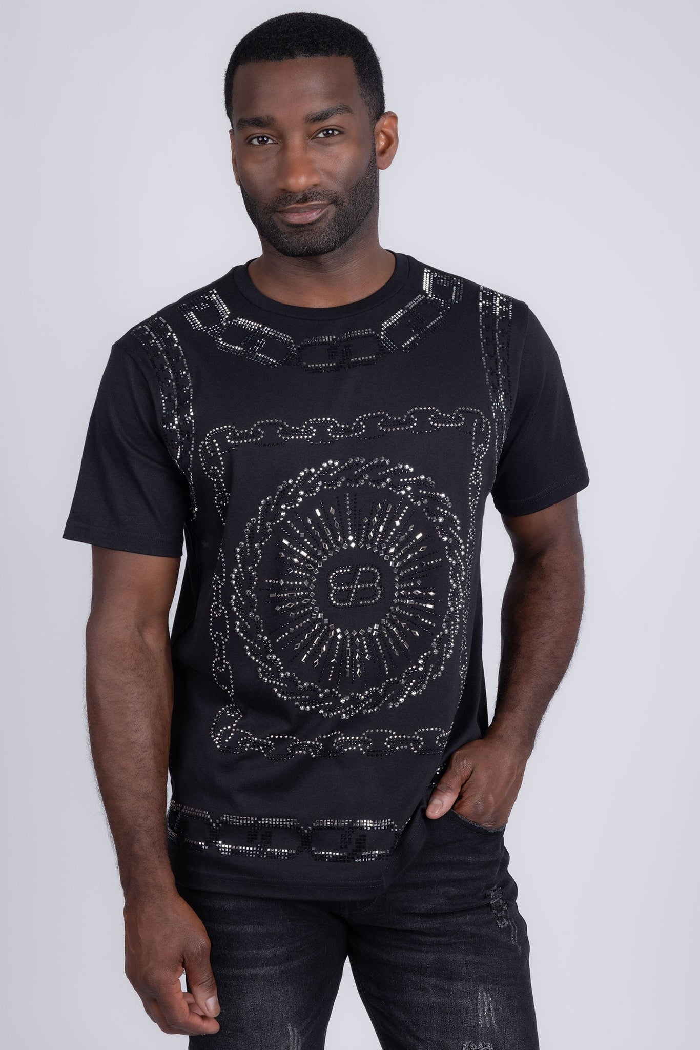 Barabas Wholesale Men's Chains Rhinestone Solid Color Crew Neck T-shirts 5STR01 Black SIlver