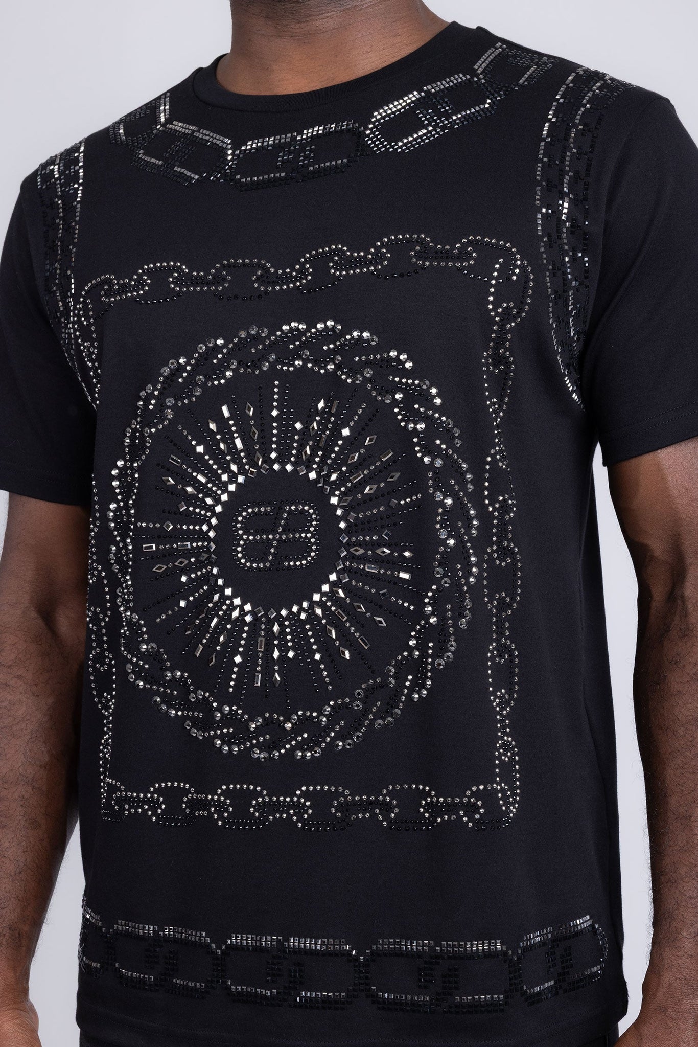 Barabas Wholesale Men's Chains Rhinestone Solid Color Crew Neck T-shirts 5STR01 Black
