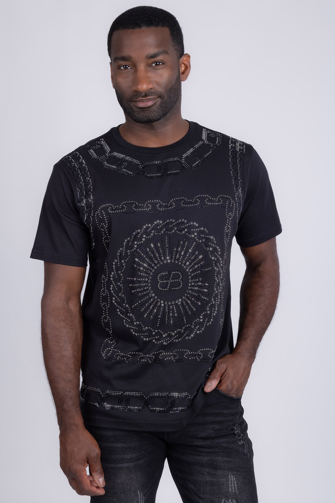 Barabas Wholesale Men's Chains Rhinestone Solid Color Crew Neck T-shirts 5STR01 Black