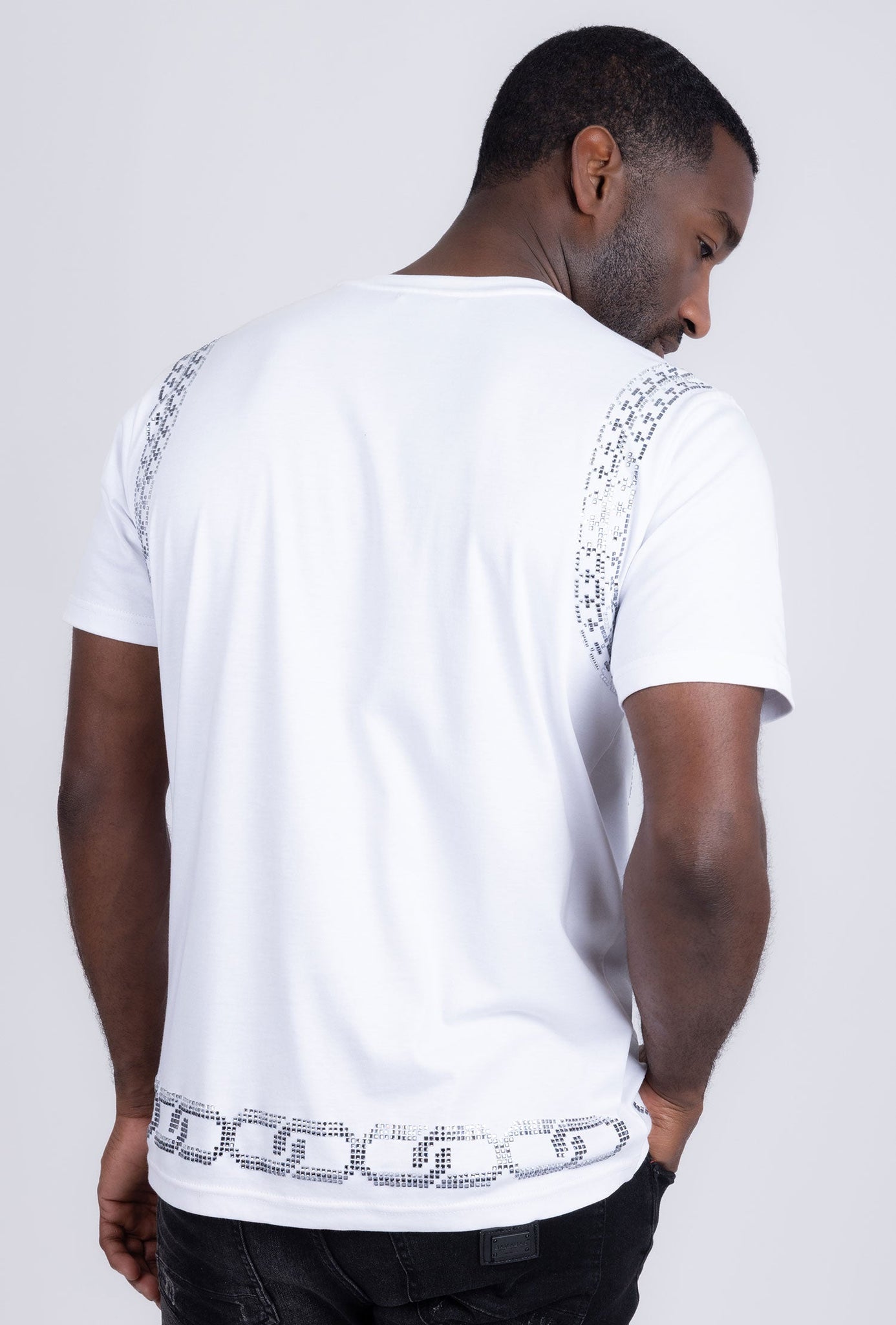 Barabas Wholesale Men's Chains Rhinestone Solid Color Crew Neck T-shirts 5STR01 White