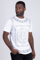 Barabas Men's Chains Rhinestone Solid Color Crew Neck T-shirts 5STR01 White