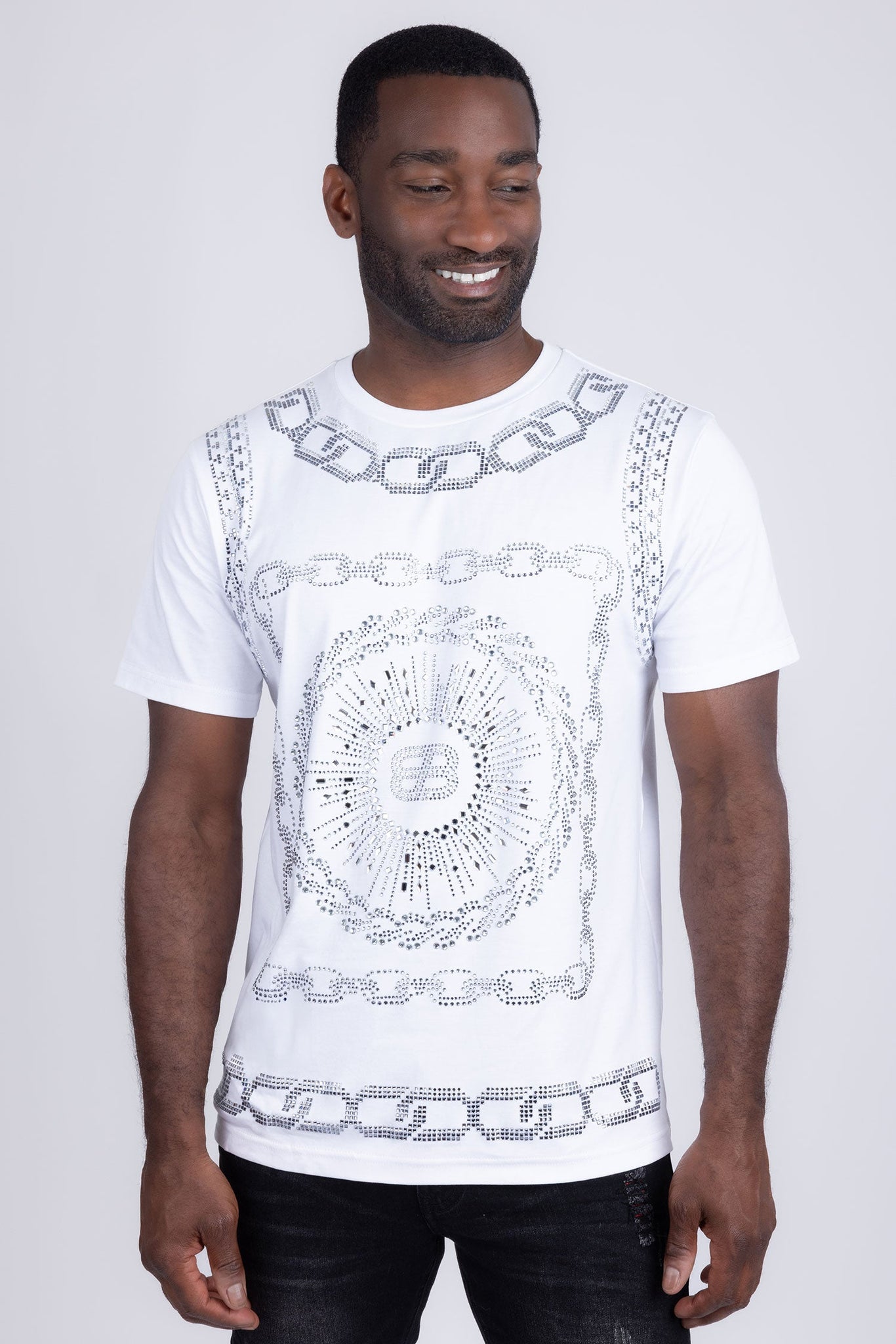 Barabas Wholesale Men's Chains Rhinestone Solid Color Crew Neck T-shirts 5STR01 White