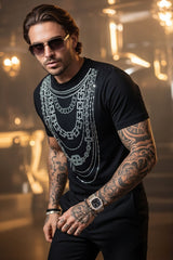 Barabas Wholesale Men's Link Rhinestone Solid Color Crew Neck T-shirts 5STR02 Black Silver