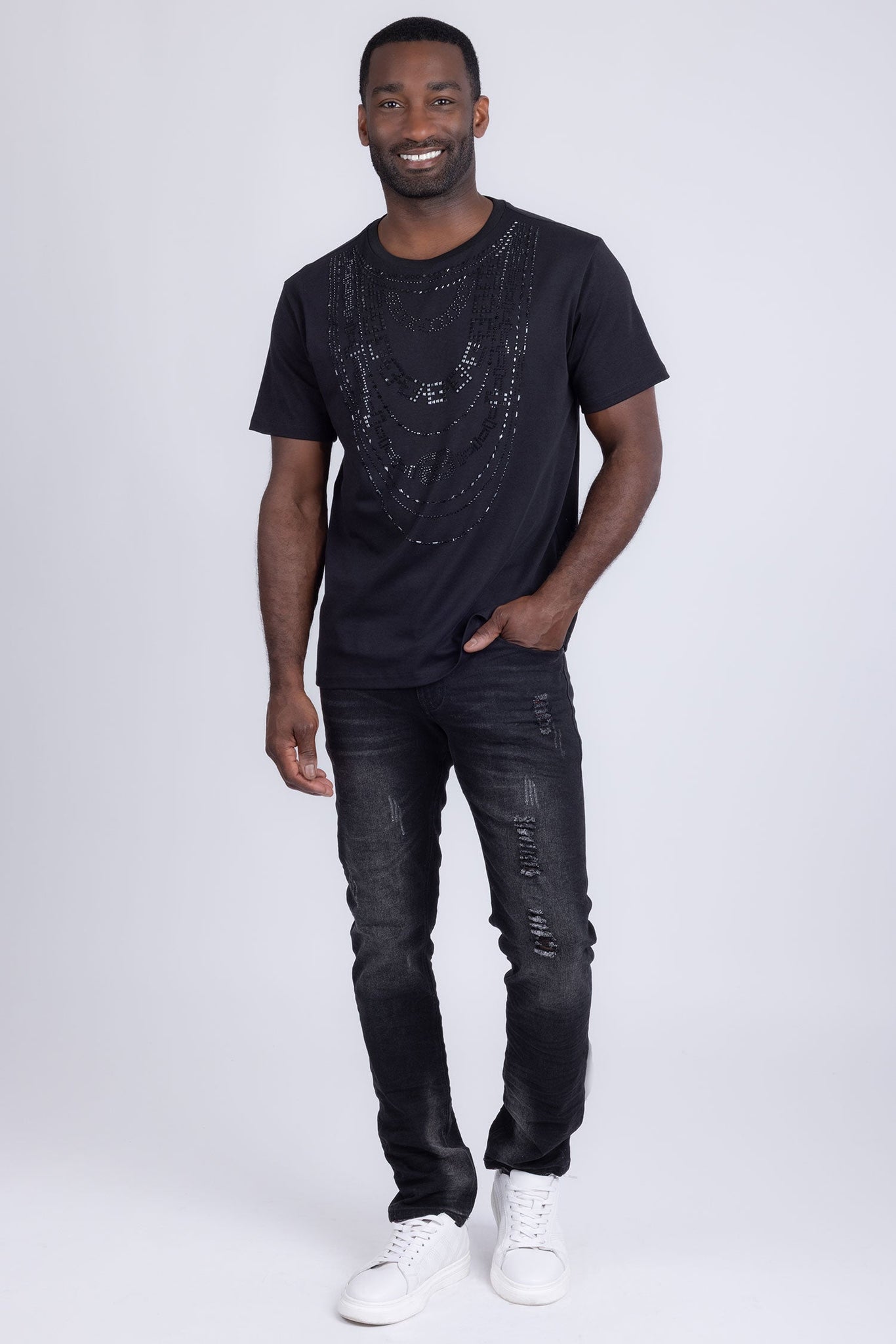 Barabas Wholesale Men's Link Rhinestone Solid Color Crew Neck T-shirts 5STR02 Black