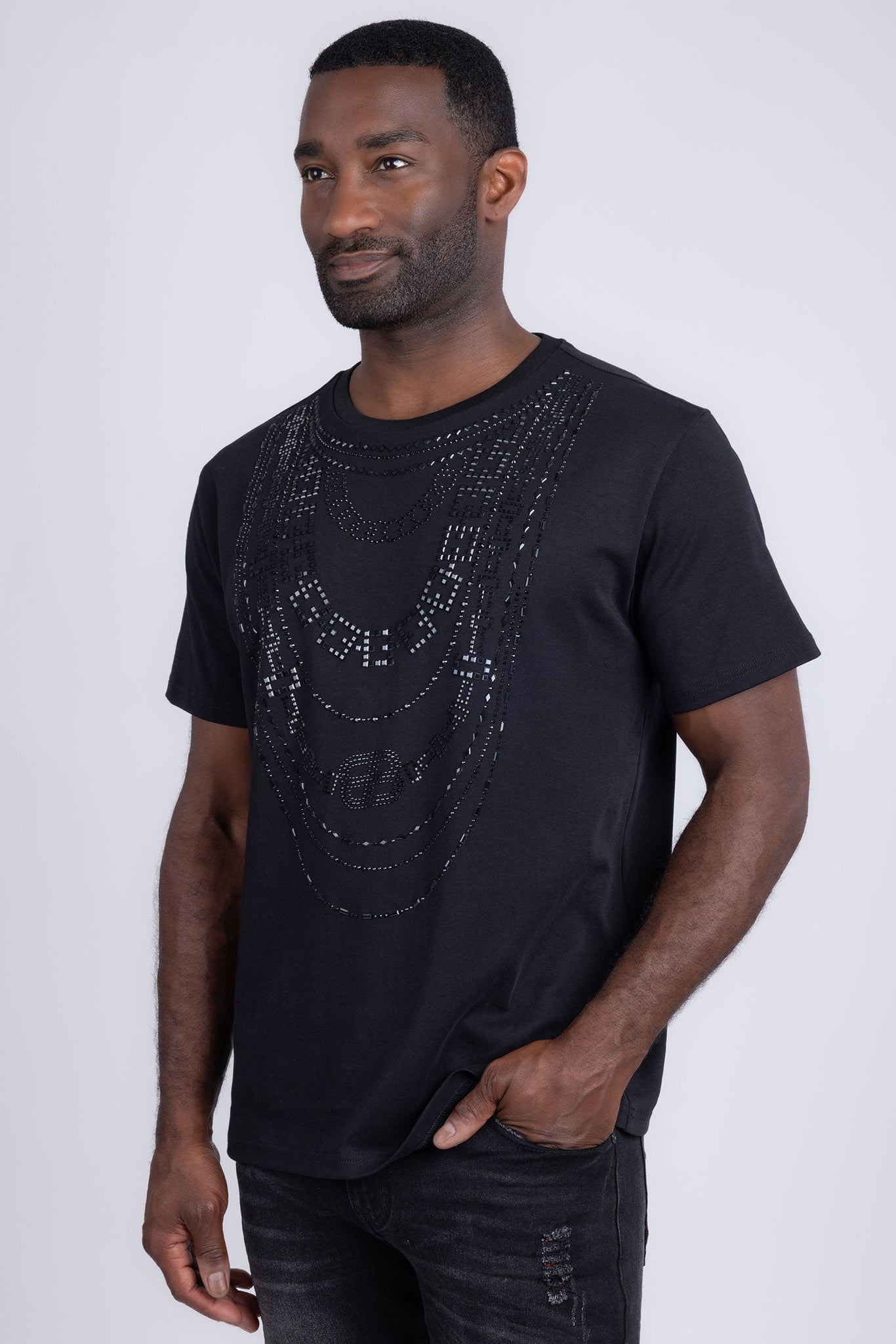 Barabas Wholesale Men's Link Rhinestone Solid Color Crew Neck T-shirts 5STR02 Black