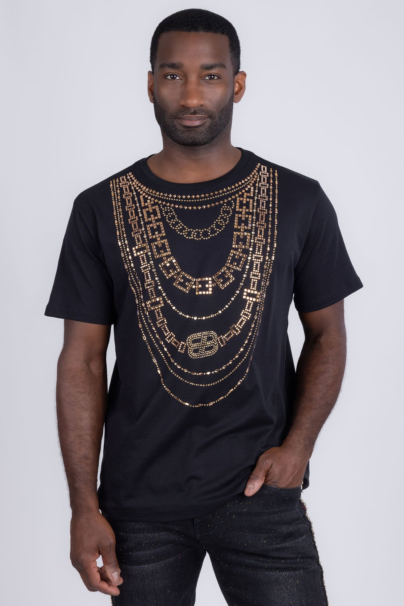Barabas Wholesale Men's Link Rhinestone Solid Color Crew Neck T-shirts 5STR02 Black Gold