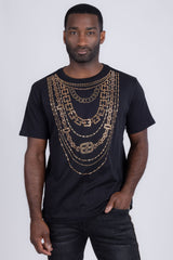 Barabas Men's Link Rhinestone Solid Color Crew Neck T-shirts 5STR02 Black Gold
