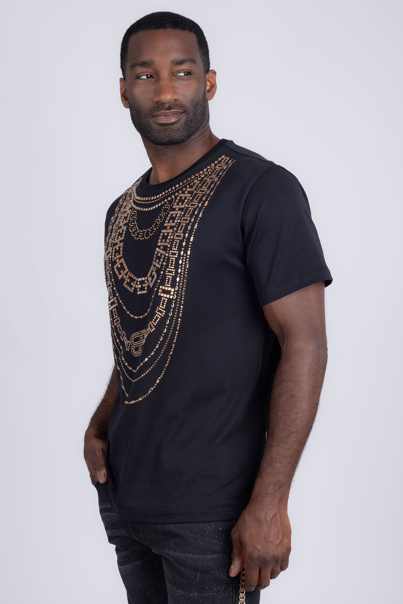 Barabas Wholesale Men's Link Rhinestone Solid Color Crew Neck T-shirts 5STR02 Black 