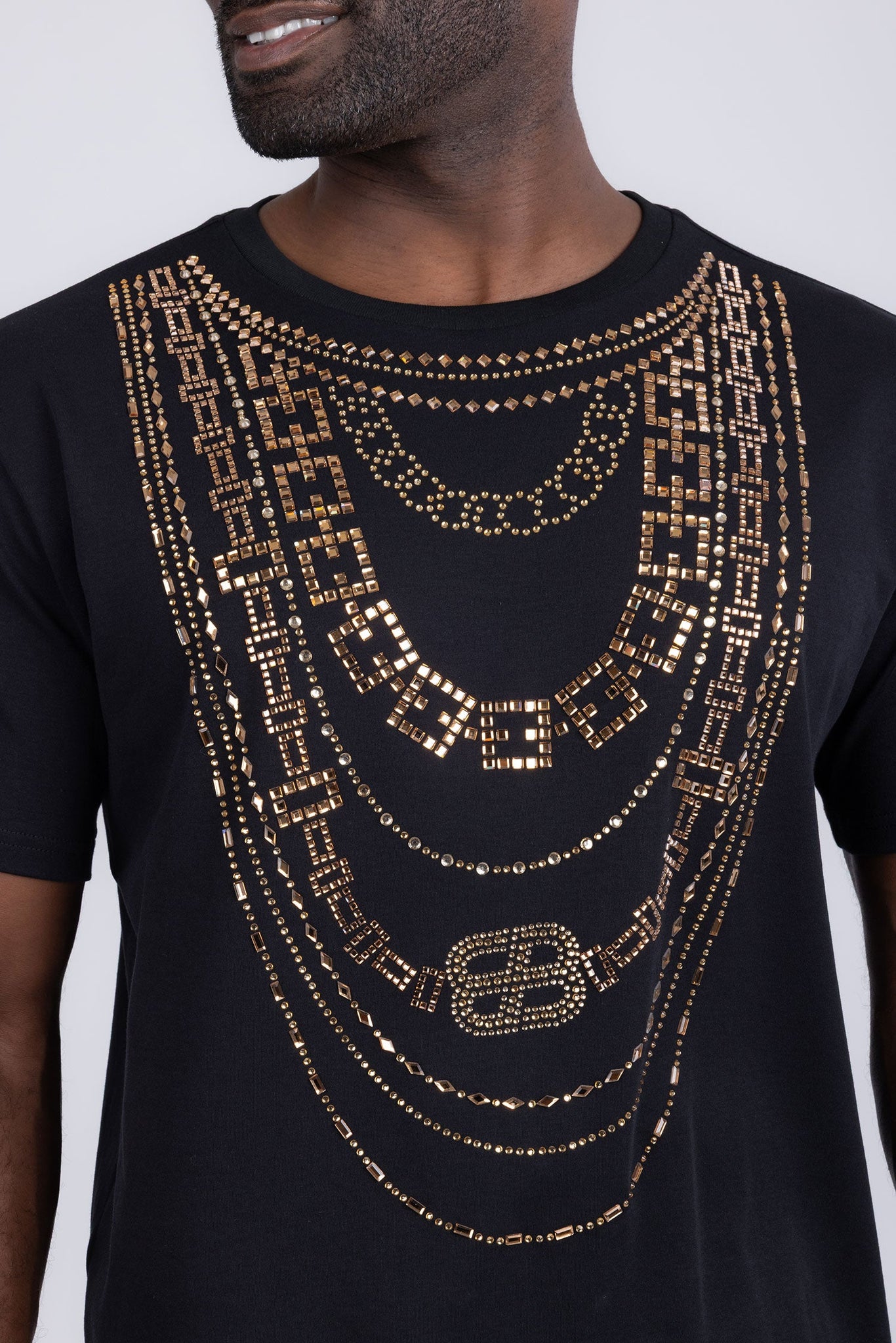 Barabas Wholesale Men's Link Rhinestone Solid Color Crew Neck T-shirts 5STR02 Black 