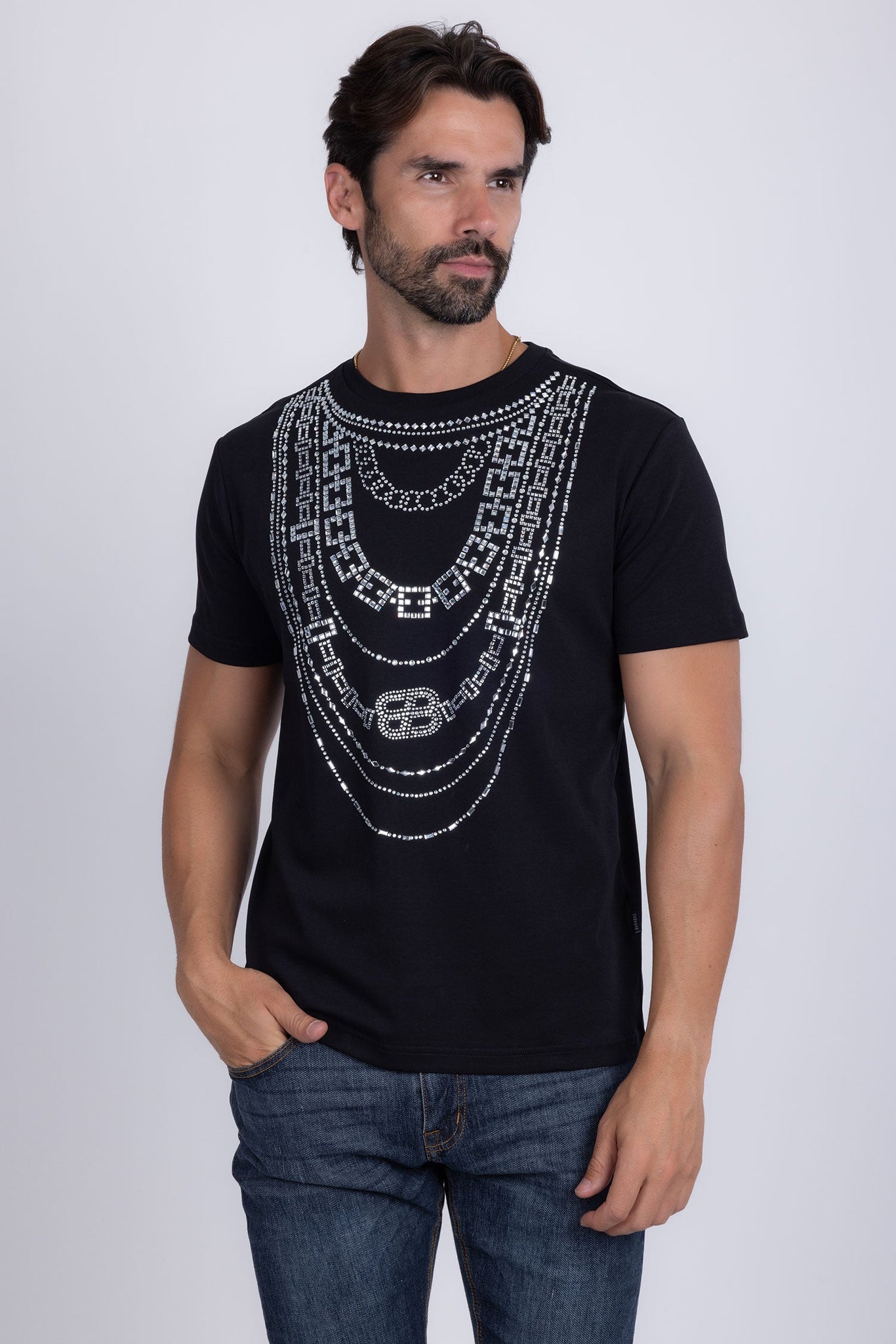 Barabas Wholesale Men's Link Rhinestone Solid Color Crew Neck T-shirts 5STR02 Black