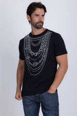 Barabas Wholesale Men's Link Rhinestone Solid Color Crew Neck T-shirts 5STR02 Black Silver