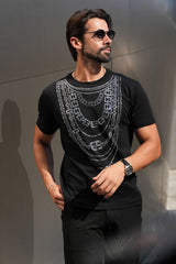 Barabas Men's Link Rhinestone Solid Color Crew Neck T-shirts 5STR02 Black Silver