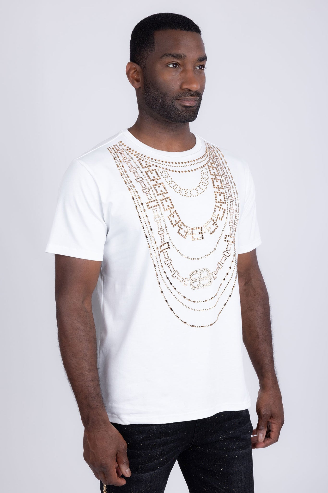 Barabas Wholesale Men's Link Rhinestone Solid Color Crew Neck T-shirts 5STR02 White