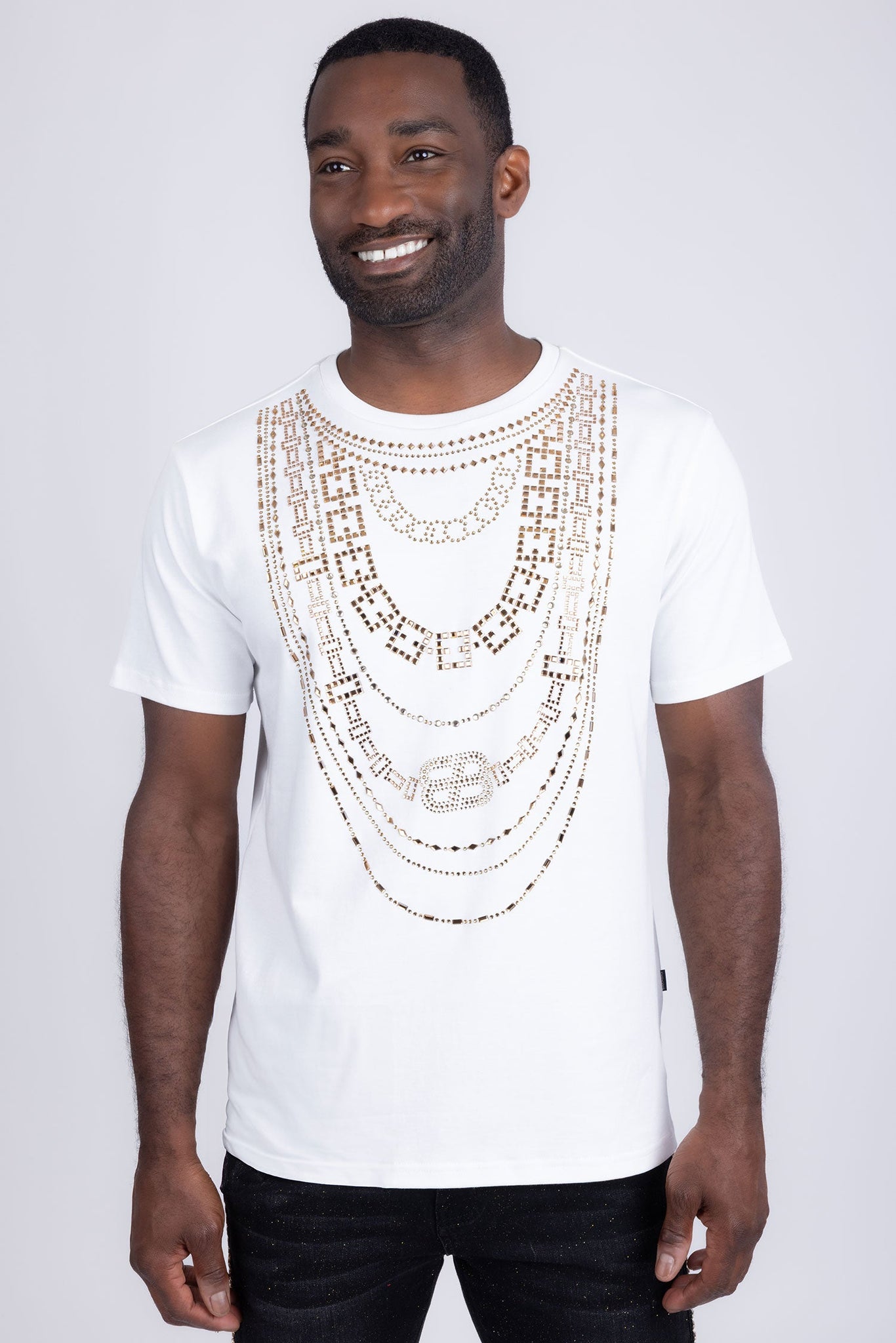 Barabas Wholesale Men's Link Rhinestone Solid Color Crew Neck T-shirts 5STR02 White