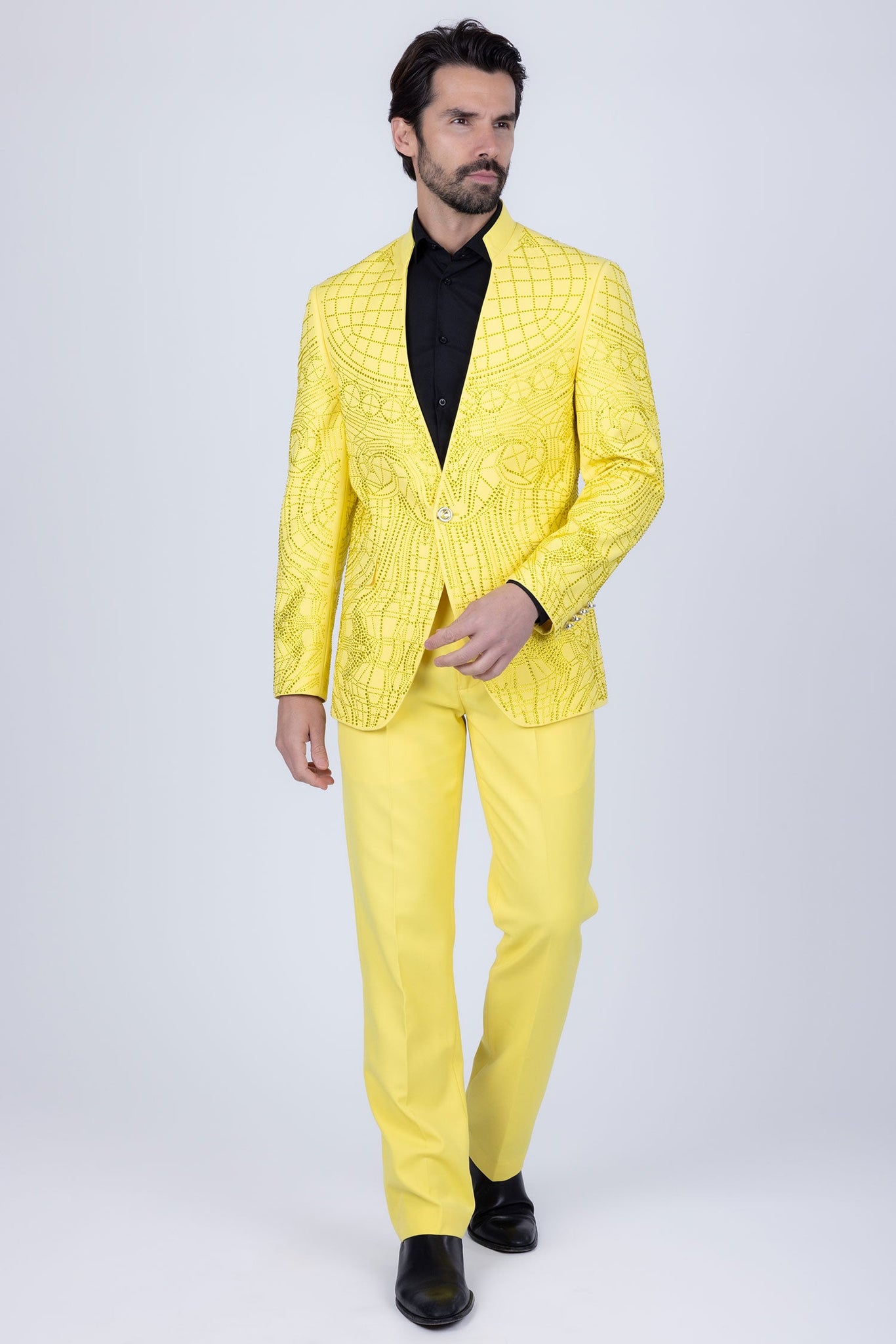 Barabas Wholesale Men's Geometric Rhinestone Pattern Henley Lapel Suit 5SU14 Yellow