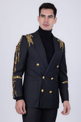 Barabas Wholesale Men's Sequins Pattern Double-Breasted Peak Lapel Suit 5SU37 Black Gold