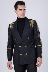 Barabas Wholesale Men's Sequins Pattern Double-Breasted Peak Lapel Suit 5SU37 Black Gold