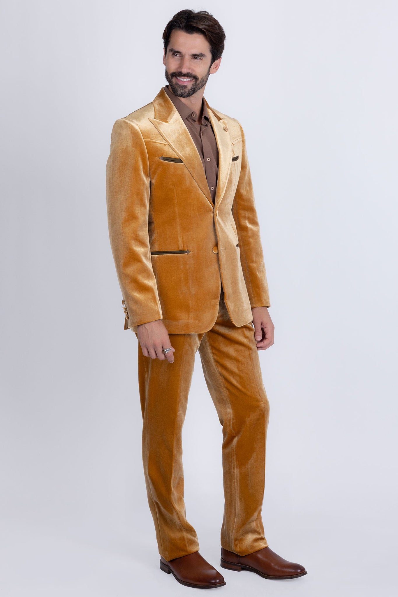 Barabaas Wholesale Men's Velvet Luxury Formal Wear Peak Lapel Suit 5SU51 Mustard