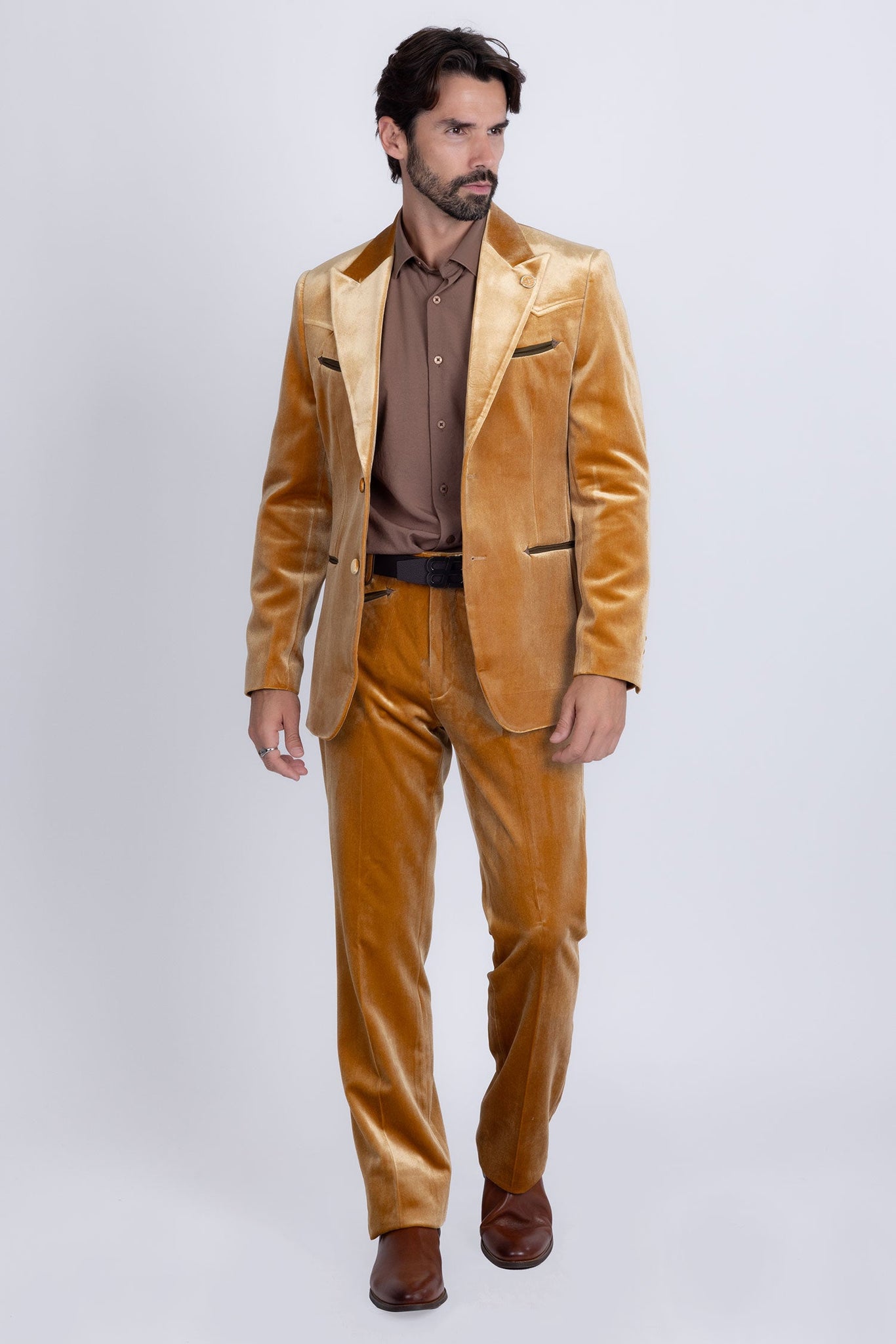 Barabaas Wholesale Men's Velvet Luxury Formal Wear Peak Lapel Suit 5SU51 Mustard