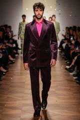 Barabas Wholesale Men's Striped Double Breast Velvet Peak Lapel Suit 5SU52 wine