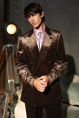 Barabas Wholesale Men's Striped Double Breast Velvet Peak Lapel Suit 5SU52 Coffee