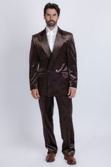 Barabas Wholesale Men's Striped Double Breast Velvet Peak Lapel Suit 5SU52 Brown