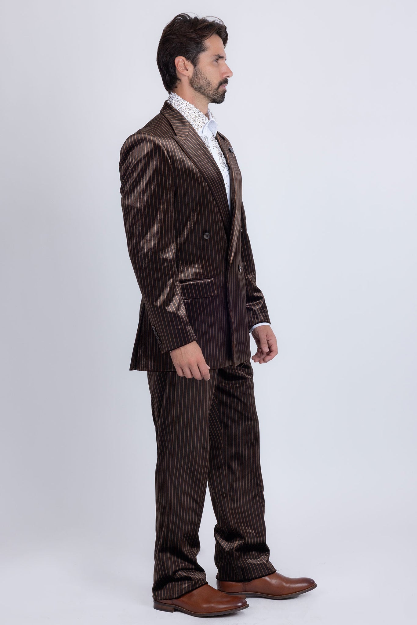 Barabas Wholesale Men's Striped Double Breast Velvet Peak Lapel Suit 5SU52 Brown