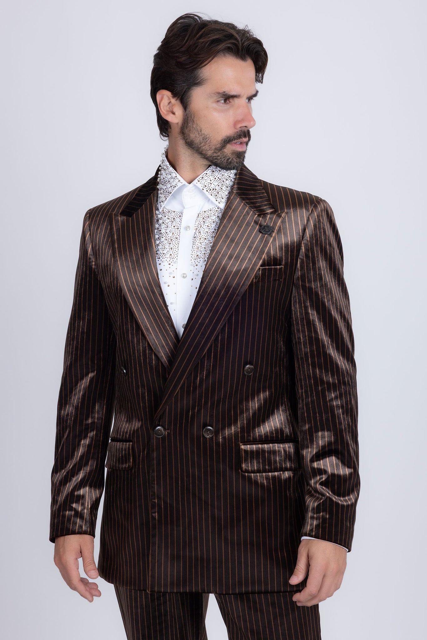 Barabas Wholesale Men's Striped Double Breast Velvet Peak Lapel Suit 5SU52 Brown