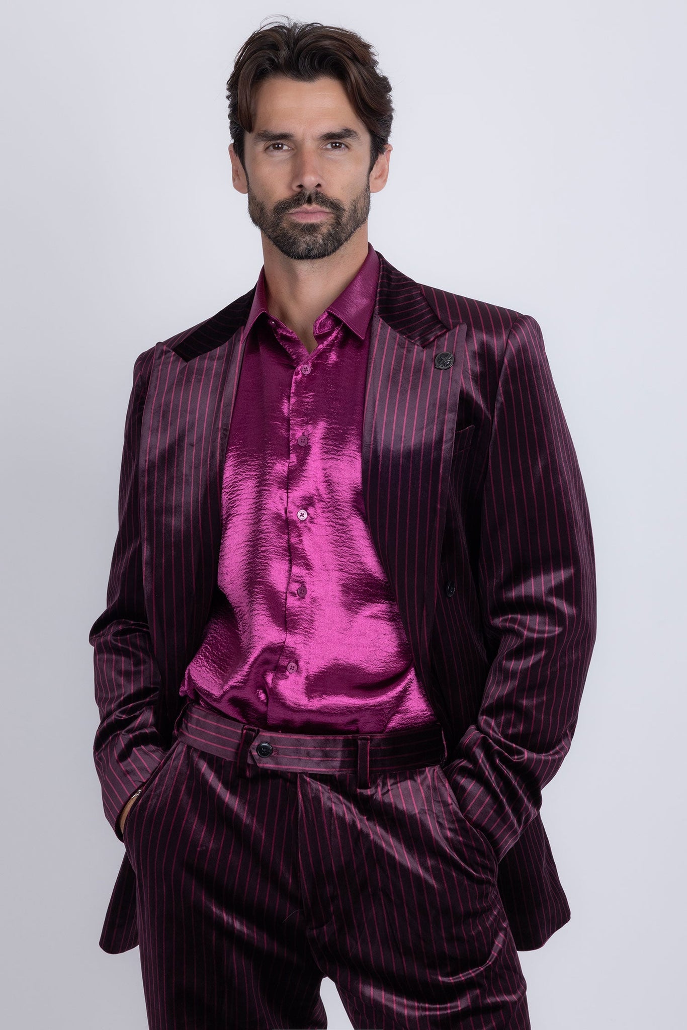 Barabas Wholesale Men's Striped Double Breast Velvet Peak Lapel Suit 5SU52 wine