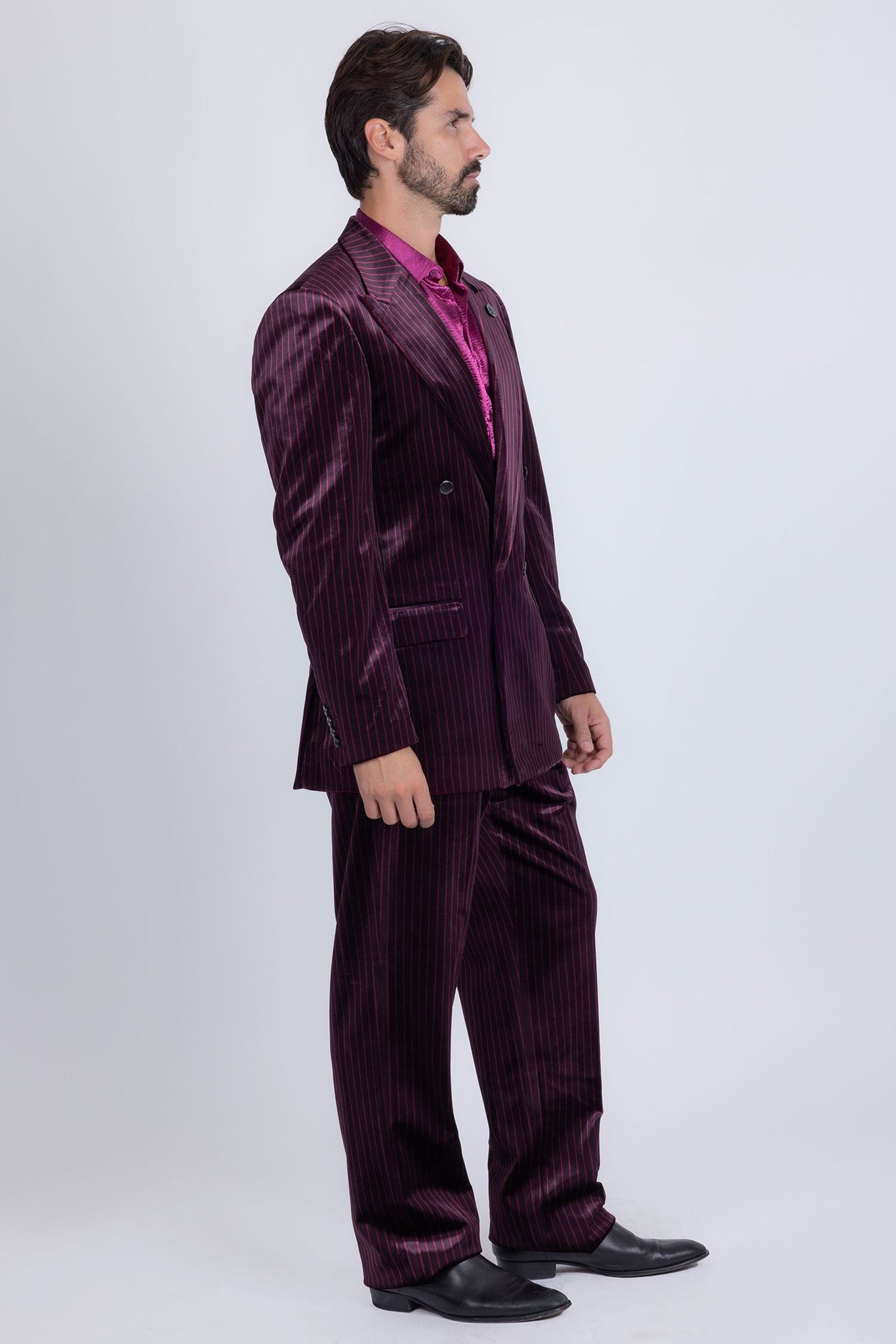 Barabas Wholesale Men's Striped Double Breast Velvet Peak Lapel Suit 5SU52 wine