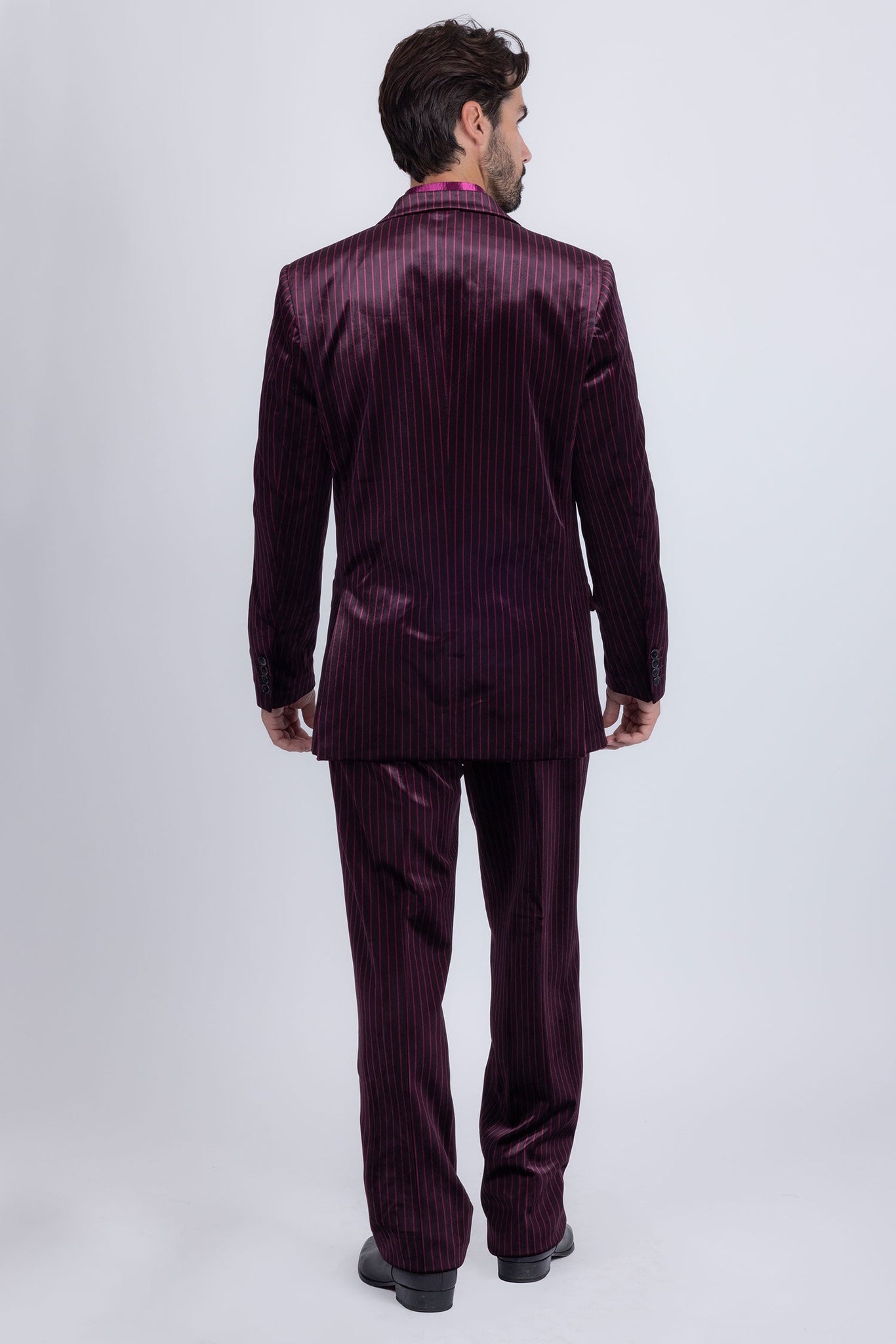 Barabas Wholesale Men's Striped Double Breast Velvet Peak Lapel Suit 5SU52 wine