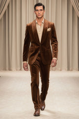 Barabas Wholesale Men's Velvet Striped Pattern Shawl Lapel Suit 5SU53 Coffee