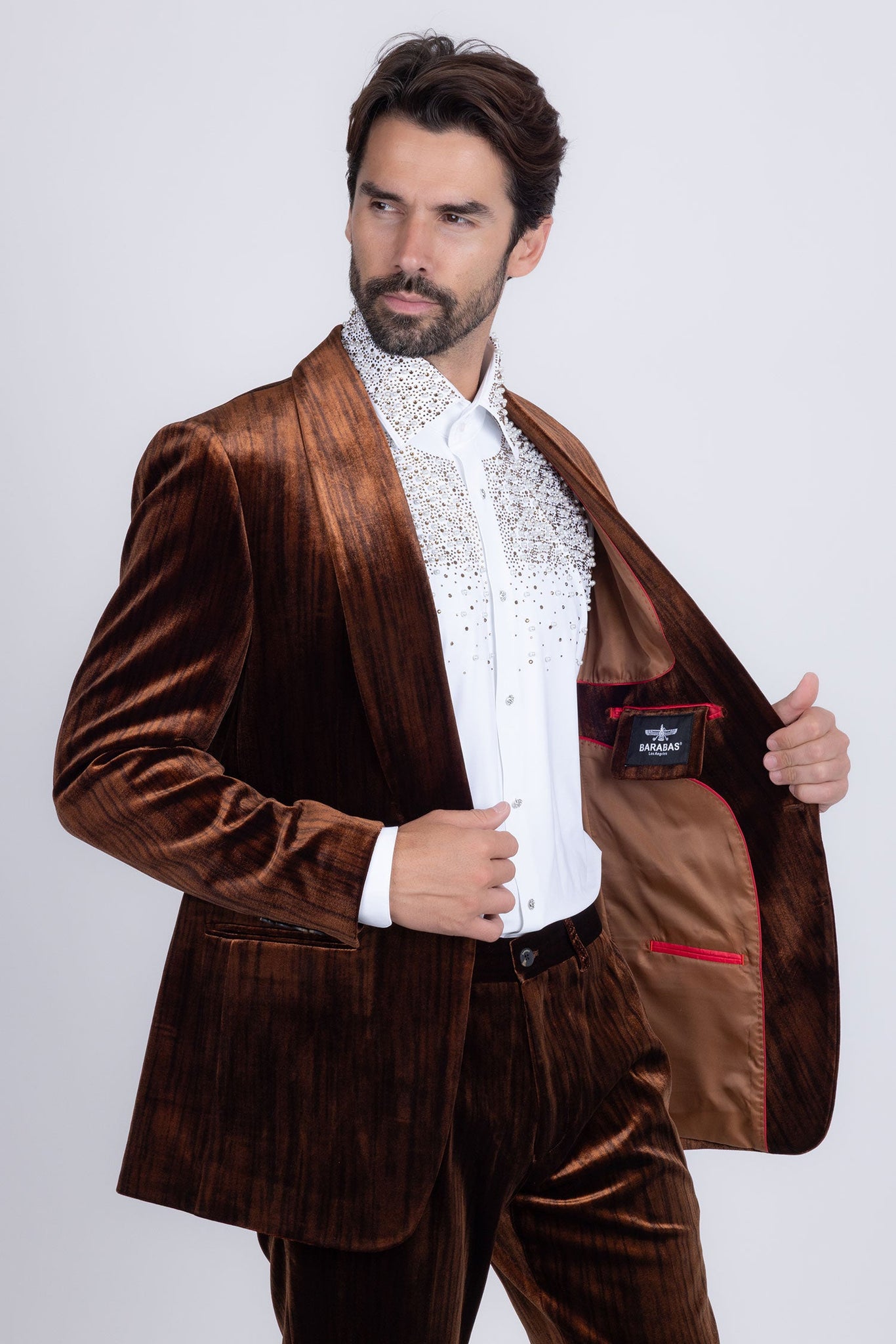 Barabas Wholesale Men's Velvet Striped Pattern Shawl Lapel Suit 5SU53 Brown