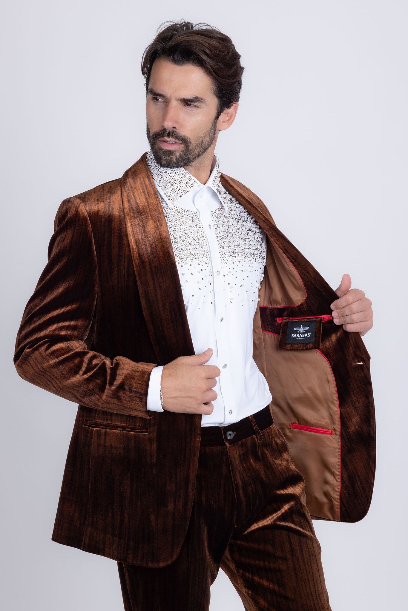 Barabas Wholesale Men's Velvet Striped Pattern Shawl Lapel Suit 5SU53 Coffee