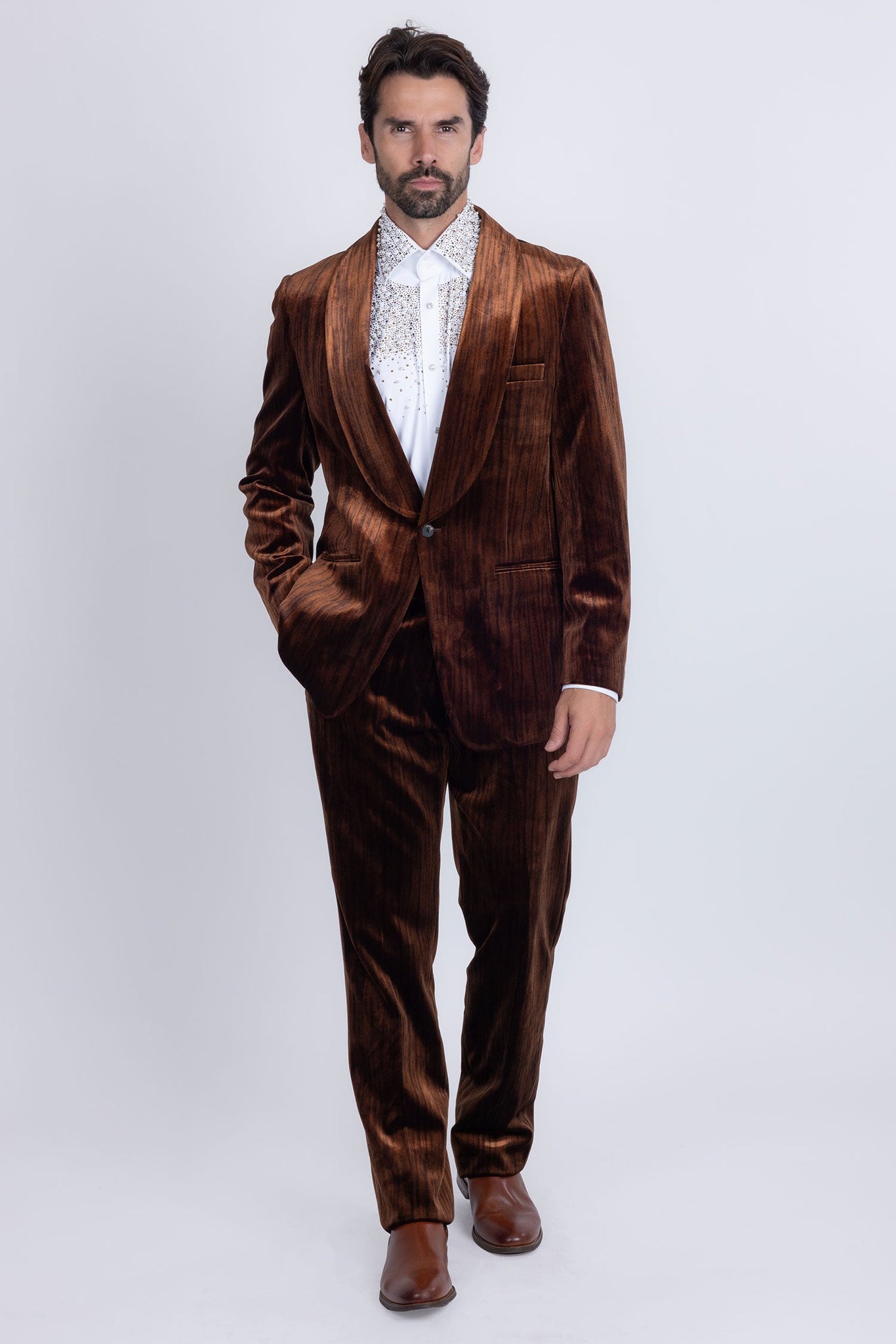 Barabas Wholesale Men's Velvet Striped Pattern Shawl Lapel Suit 5SU53 Coffee