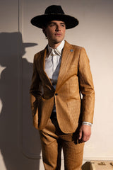 Barabas Wholesale Men's Faux Leather Textured Pattern Peak Lapel Suit 5SU54 Cognac