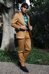 Barabas Wholesale Men's Faux Leather Textured Pattern Peak Lapel Suit 5SU54 Cognac