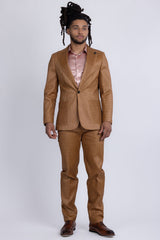 Barabas Wholesale Men's Faux Leather Textured Pattern Peak Lapel Suit 5SU54 Cognac