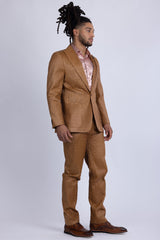 Barabas Wholesale Men's Faux Leather Textured Pattern Peak Lapel Suit 5SU54 Cognac