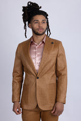 Barabas Wholesale Men's Faux Leather Textured Pattern Peak Lapel Suit 5SU54 Cognac