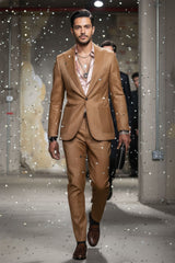 Barabas Wholesale Men's Faux Leather Textured Pattern Peak Lapel Suit 5SU54 Cognac