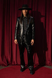 Barabas Wholesale Men's Faux Leather Striped Pattern Peak Lapel Suit 5SU55 Black
