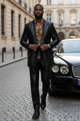 Barabas Wholesale Men's Faux Leather Striped Pattern Peak Lapel Suit 5SU55 Black
