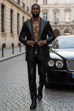 Barabas Wholesale Men's Faux Leather Striped Pattern Peak Lapel Suit 5SU55 Black