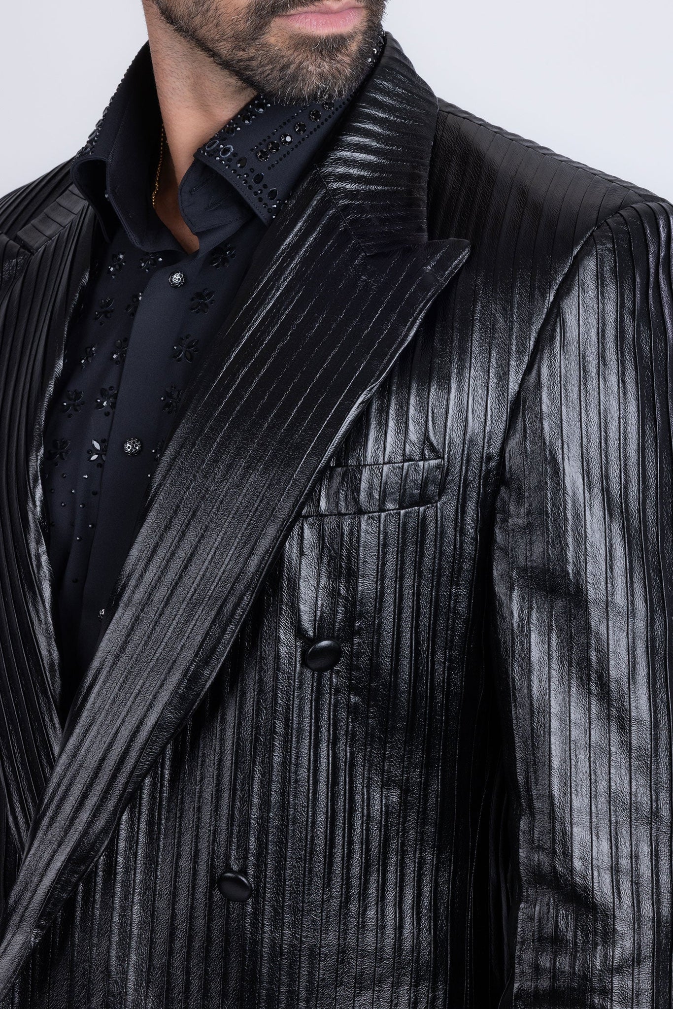 Barabas Wholesale Men's Faux Leather Striped Pattern Peak Lapel Suit 5SU55 Black